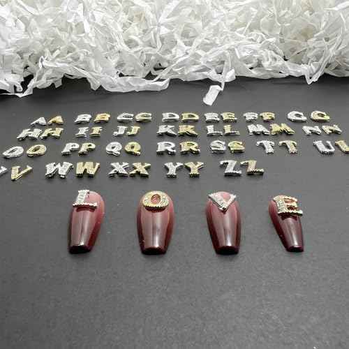 52 Pcs 3D Silver and Gold Nail Charms Letters Initial Charms for Nails Nail Letter Charms Alphabet Rhinestone Letter Nail Charms for Nail Art Design Decoration DIY Craft