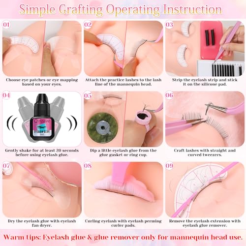 Lashes Kit for Eyelash Extension Beginners 470PCS Professional Lash Mannequin Head Practice Kit with Everything Lash Glue Lash Shampoo Lash Fan, Lash Extension Supplies for Practice Training
