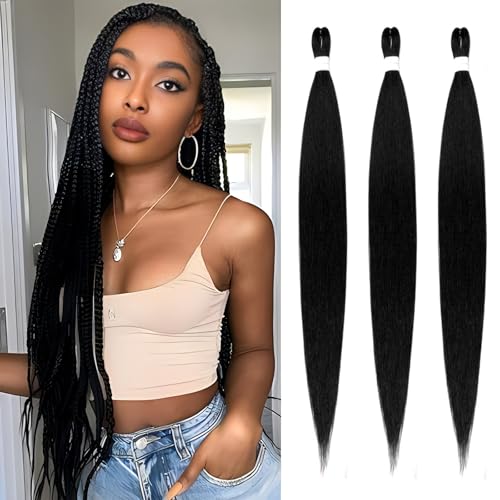 Braiding Hair Pre Stretched Extensions - 3 Packs Colored Hair for Braiding - Soft Yaki Braiding Hair with Hot Water Setting - Light Braiding Hair Extensions (1B, 26)