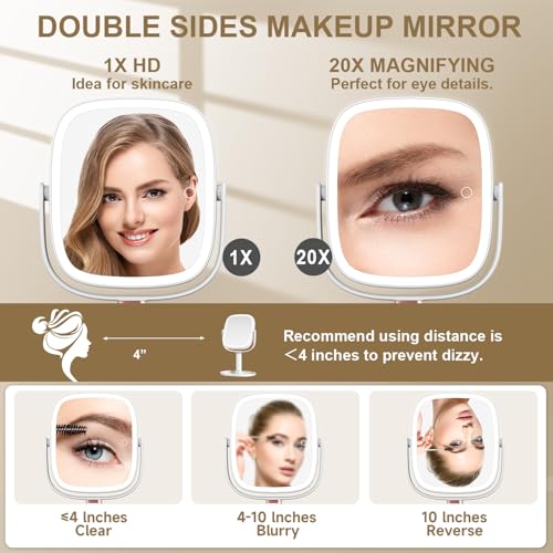 Mocado Lighted Makeup Mirror with 1X/20X Magnification - Adjustable Brightness & Height, 360° Rotation