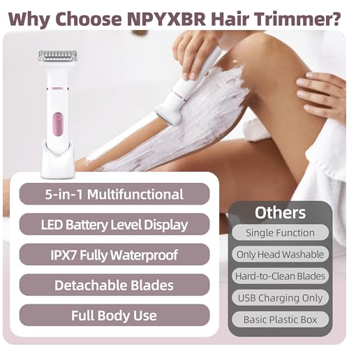 5-in-1 Bikini Trimmer for Women: IPX7 Waterproof Electric Razor Shaver for Silk Skin, Easy Cleaning, 5 Head, Rechargeable Body Hair Removal, LED Display, Ceramic Blade, Gifts for Her