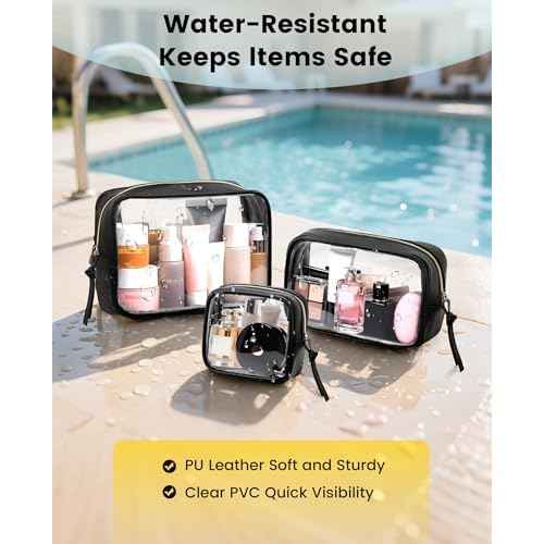 Vorspack Travel Makeup Bag - 3 Pack Travel Toiletry Bag for Women Clear Cosmetic Bag Makeup Organizer Zipper Pouch for Travel Essentials Storage - Black