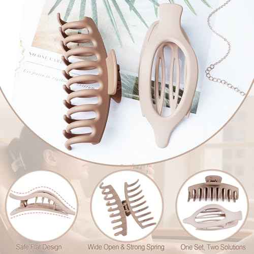 Flat Hair Claw Clips: 8 Pack 4.3 Inch Neutral Matte French Concord & Large Round Claw Clips Set for Women with Thick/Thin Hair, Non-Slip Extra Hold Jaw Clips for Lay Down/Drive/Daily Use
