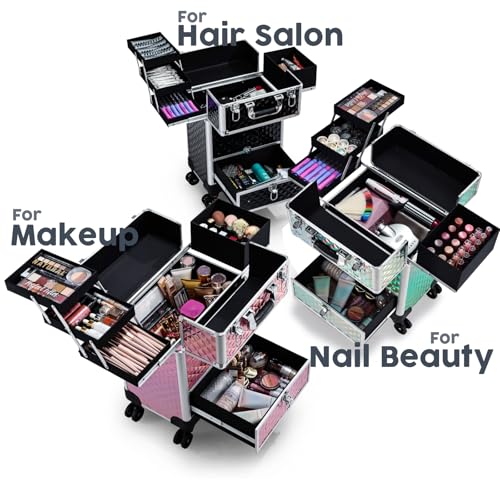 Rolling Makeup Case with 3 Sliding Trays & Wheels