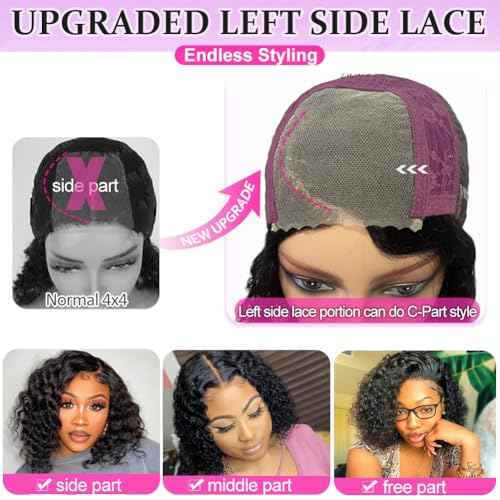 Left Side Part Bob Wig Human Hair Glueless Wigs Human Hair Pre Plucked Pre Cut Hd Lace Closure Wear and Go Glueless Wig Short Black Curly Wig 12 Inch Brazilian Human Hair Wigs for Black Women
