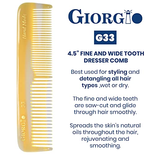 Giorgio G33 FineTooth and WideTooth Pocket Comb - Handmade Styling and Grooming Comb for Men's and Women's Hair, Beard, and Mustache, Saw Cut and Polished Travel Comb