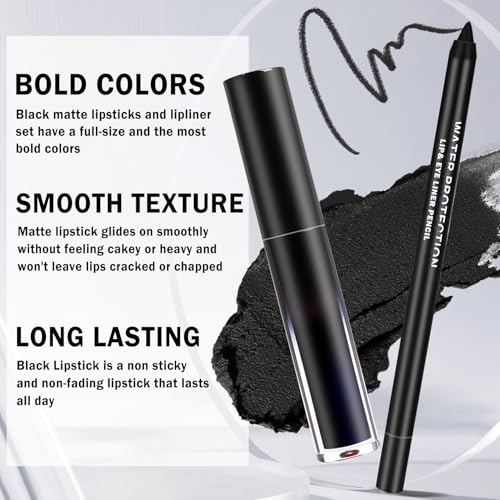 Black Lipstick Black Lip Liner Set Matte Lipstick 2PCS Long Lasting Lip Stain and Lip Liner Set for Halloween Cosplay Goth Makeup