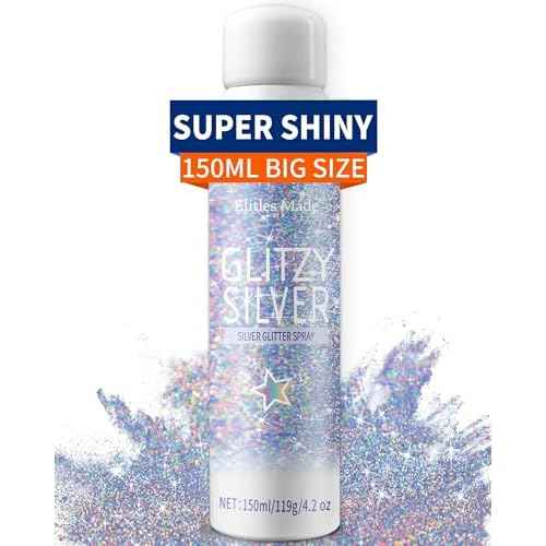 Hair Glitter Body Glitter Spray, 150ML Glitter Hairspray Holographic Silver Glitter Spray for Hair and Body, Hair Glitter for Kids Women, Body Shimmer Festival Makeup 4.2 Fl Oz