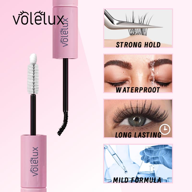 Volelux Pink Lash Cluster Glue & Sealant 2-in-1 Waterproof Lash Adhesive, Sensitive Eyes, Fast-Drying