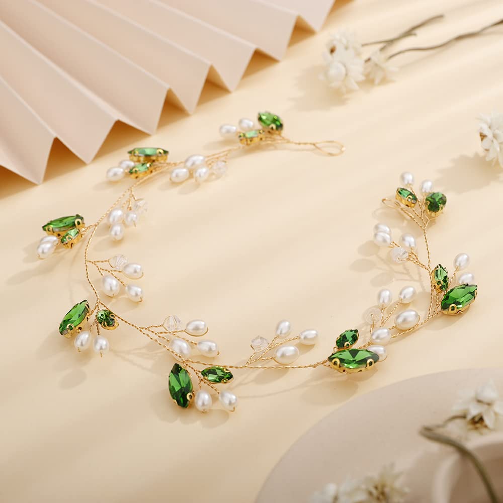 Teyglen Dainty Wedding Bride Rhinestones Pearls Headband Hair Vine Simple Handmade Bridal Green Crystal Headband Wedding Headpieces Hair Accessories for Women Girl (Green)