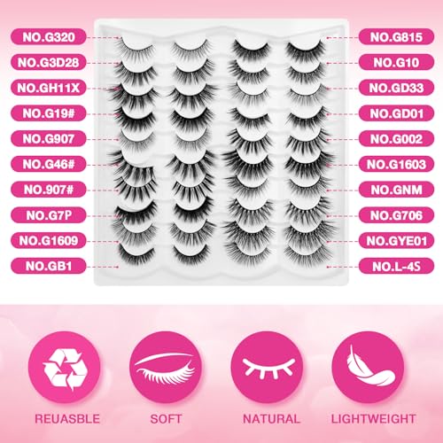 20 Pairs False Eyelashes Mixed Styles Wispy Fluffy Lashes