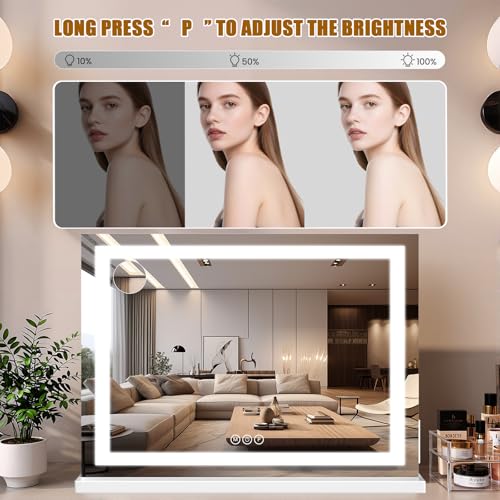Vanity Mirror with Lights 28"x20", LED Makeup Mirror, 3 Color Lighting Modes, 10X Magnification, Smart Touch Control, Dimmable, Aluminum Metal Frame, Lighted Up for Vanity Desk (White)