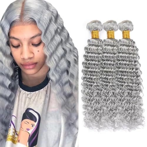Grey Human Hair Bundles Deep Wave 26 28 30 Inch (3 Pack)