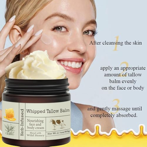 URQT Beef Tallow for Skin - Organic Grass-Fed Whipped Beef Tallow and Honey Balm - Deeply Moisturizing for Face & Body - Natural Skin Care for Soft, Supple Skin
