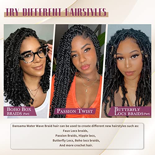 Dansama Passion Twist Hair Water Wave Crochet Hair for Black Women, Long Bohemian Braiding Hair for Boho Locs, Faux Locs, Butterfly Style Crochet Braids Hair Extensions (18inch, 1B, Economy Pack)