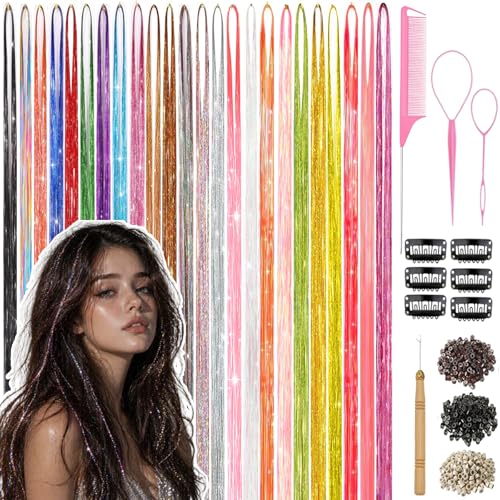Hair Tinsel 20 Colors with Tools - 48 Inch Extensions