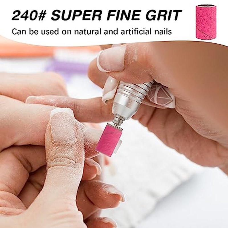 240 Grit Sanding Bands for Nail Drill - 200Pcs Pink with 2 Mandrels