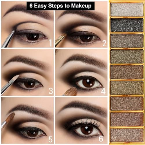 Glitter Eyeshadow Palette 9 Colors Shimmer Palette Highly Shining Pigmented Gold Eyeshadow Pigmented Shimmer Glitter Waterproof Eye Shadow Make Up Palettes (6# Natural color)