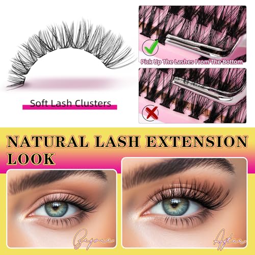 Lash Clusters 280PCS Individual Lashes D Curl Eyelash Clusters Mixed Length Cluster Eyelash Extensions Clusters Lashes with Thin Band Soft False Eyelashes DIY at Home(50D,D-Mix9-16mm)