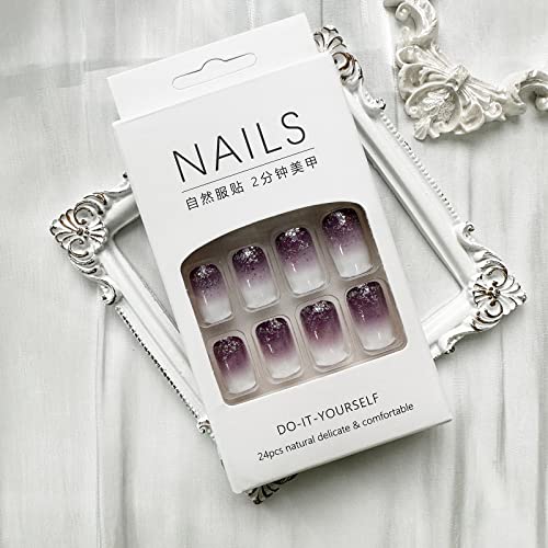 Press on Nails Short Square Fake Nails Purple White Gradient False Nails with Silver Glitters Design Full Cover Glue on Nails White Nail Tips Acrylic Nails Glossy Purple Stick on Nails for Women