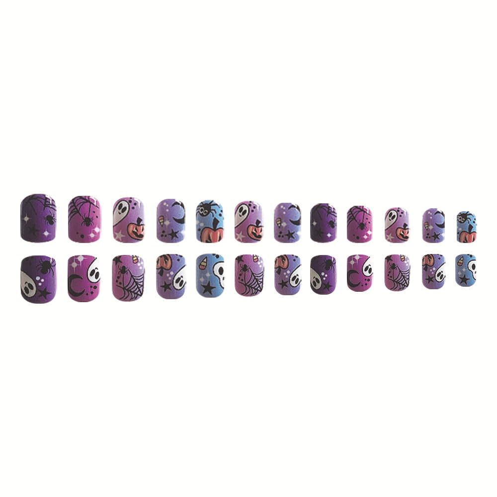 24Pcs Halloween Press on Nails Short Purple Square Fake Nails Full Cover Acrylic Nails Pumpkin Press on Nails with Star Moon Design Spider Ghost Halloween False Nails Glossy Stick on Nails for Women