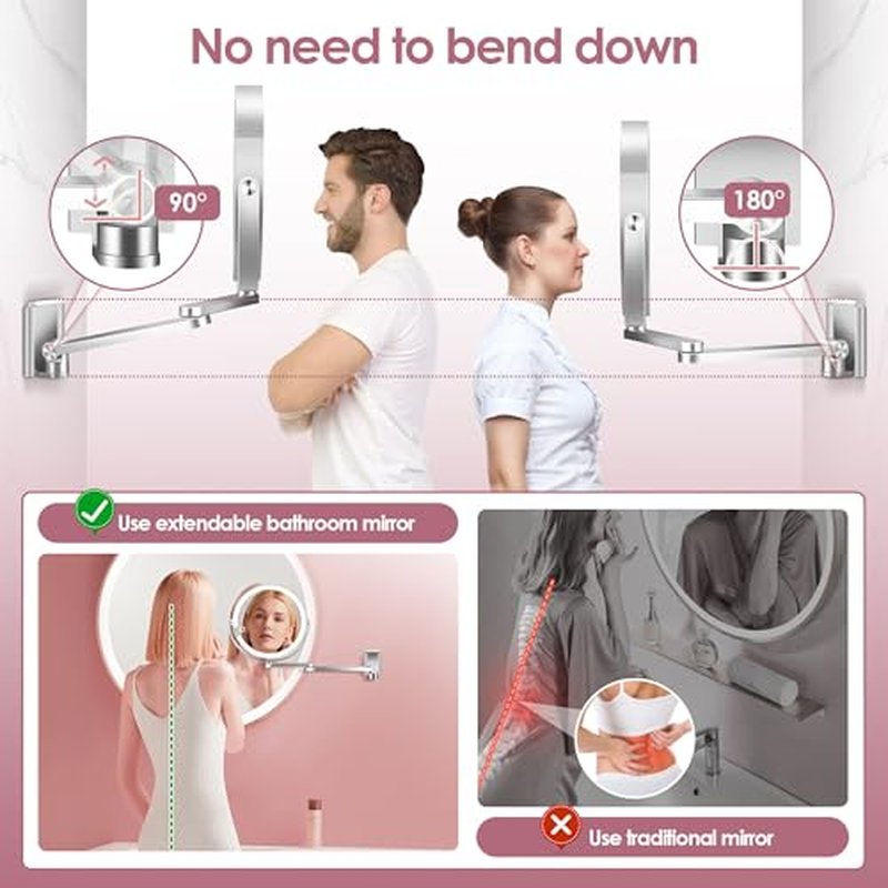 1X/20X Rechargeable Wall Mounted Lighted Makeup Mirror, 8" Magnifying Mirror with 3 Color Dimmable Lights for Bathroom, Built in 2000mAh Battery, 360¡Æ Rotation Vanity Mirror Extendable Arm