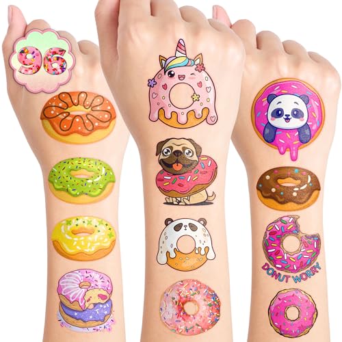 96PCS Donut Pre-Cut Temporary Tattoos for Kids - Cute Birthday Party Decorations, Stickers for Girls & Boys, Fun Party Favors, Classroom Prizes, Christmas Gifts, Themed Party Supplies