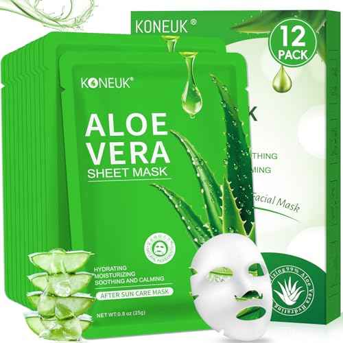 12 Pack Aloe Vera Face Masks Skincare, Sheet Aloe Hydrating Face Mask for Sunburn Relief and After Sun Care, Bulk Aloe Vera Face Mask for Spa Party Gifts
