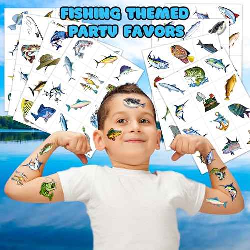 96 PCS Fishing Pre-Cut Temporary Tattoos Birthday Party Decorations Favors Supplies Decor Gone Fishing Fisherman Stickers For Girls Boys Gift School Prizes Rewards (Normal)