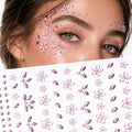 3D Pink Flower Face Gems Stickers - Self-Adhesive Rhinestone Jewels (2 Sheets)