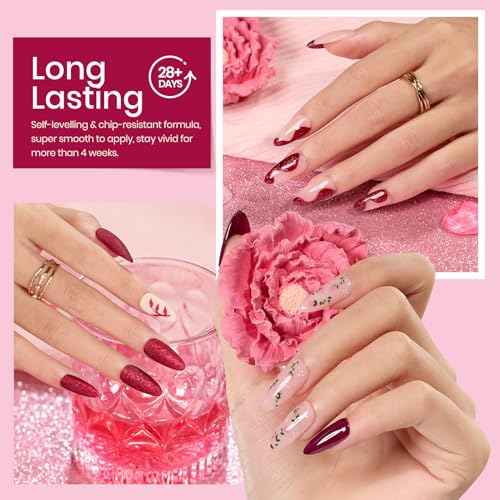 beetles Burgundy Gel Polish Set - Berry Merlot 6 Colors Plum Gel Polish, Cherry Mocha Red Glitter Fall Winter Dark Purple Wine Nails Color, U V LED Soak Off Home DIY Manicure Nail Salon