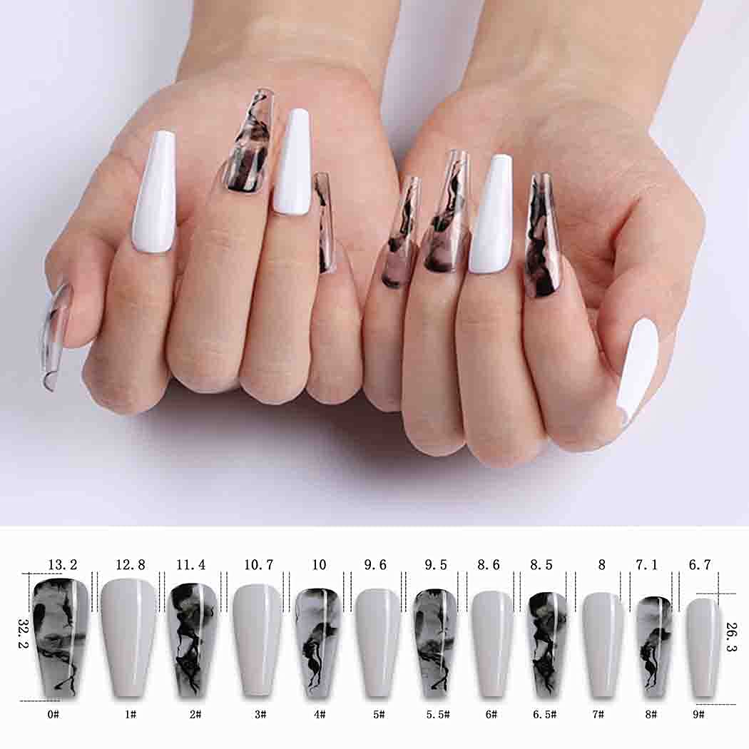 Outyua Glossy Smoke Pattern Fake Nails Coffin Extra Long Press on Nails with Design Ballerina Acrylic Super Long False Nails Designer Full Cover Artificial Nails for Women and Girls 24Pcs (White)