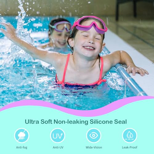 Kids Goggles for Swimming 2 Pack No Leaking Anti-Fog Outer Eye Fit with Wide View UV Protection Crystal Clear Watertight Swim Goggles with nose cover Suitable for Children Youth Boys Girls Age 3 to 15