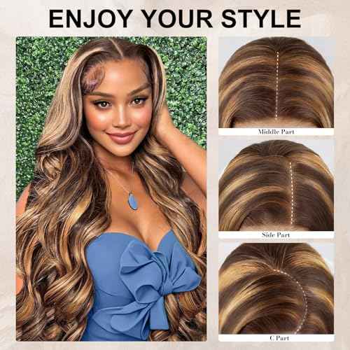 LuAiJa 26 Inch Glueless Ombre Lace Front Wig Human Hair Honey Blonde Wigs Human Hair Pre Plucked Pre Cut 9x6 Highlight Wig 200% Density #4/27 Loose Wave Wig for Women