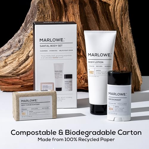 MARLOWE. Men's Grooming Santal Body Set, Features No. 102 Scrub Soap Bar, No. 024 Deodorant & No. 002 Body Lotion, Warm Amber, Sandalwood & Citron Scent