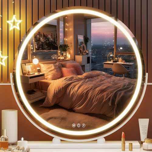 Hasipu Vanity Mirror with Lights, 23.6" LED Large Makeup Mirror, Lighted Makeup Mirror with Lights, Smart Touch Control 3 Colors Dimmable Round Mirror 360¡ÆRotation White
