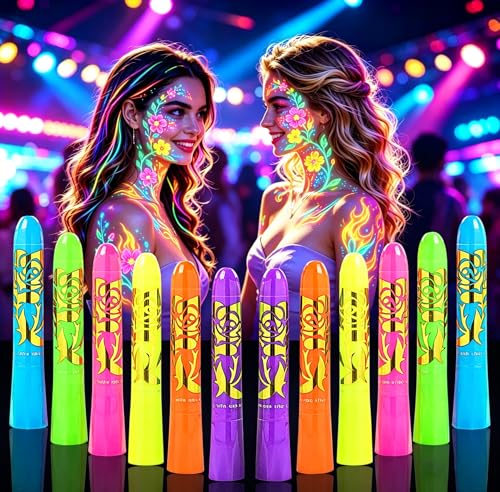 UV Glow Face Paint Crayons - 12 Pcs Fluorescent Makeup Kit