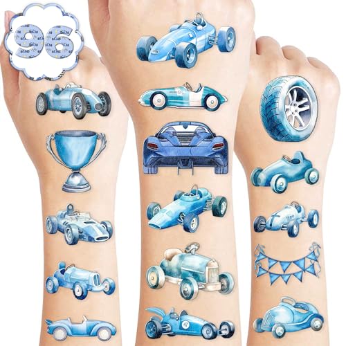 105 Pcs Blue Race Car Temporary Tattoos for Kids