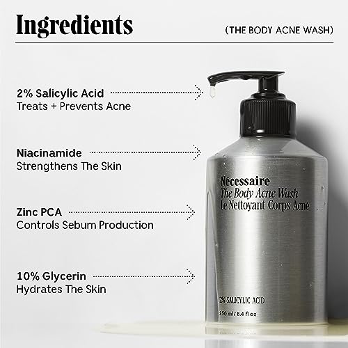 Nécessaire The Body Acne Wash. Medicated Clearing Cleanse. 2% Salicylic Acid, Niacinamide, Zinc PCA + Rosemary. Treat + Prevent Body Acne. Dermatologist-Tested. Non-Comedogenic. 250 ml