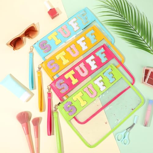 Nuanchu 9 Pcs Clear Stuff Pouch for Travel & Makeup, Chenille Letter Bags PVC Waterproof Snack Bag, Cosmetic Pouch Preppy Gifts for Women Vacation