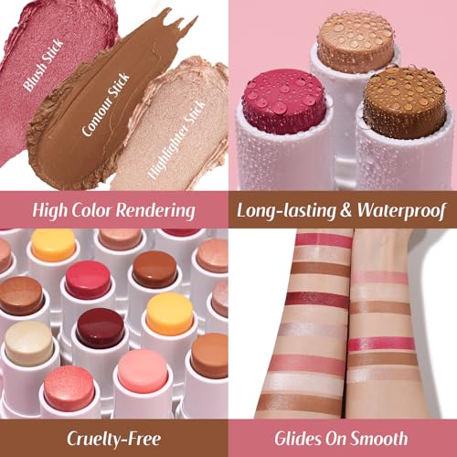 KIMUSE Face Sticks Trio - Blush, Contour & Highlighter Stick Set
