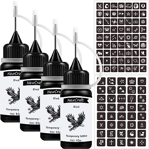 Black Temporary Tattoo Ink & Stencil Kit - 4 Pack with 103 Stencils