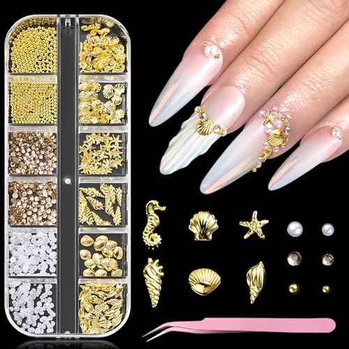 Summer Nail Charms, 3D Beach Nail Charms Metal Starfish Seashell Tropical Ocean Nail Art Decorations, Gold Beads and Pearls Rhinestones with Tweezers for Manicure, concha nacar para u?as