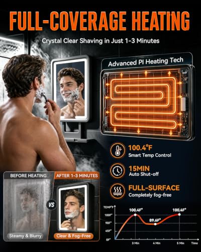 Fogless Heated Shower Mirror with LED Lights - Adjustable & Rechargeable