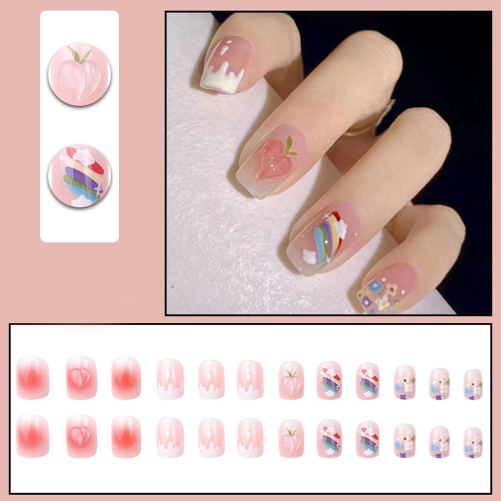 DOUBNINE Press On Nails Short Square Pink Flower Rainbow Blooming French Tip Gossry Acrylic False Nails with Glue Ballerina Spring Look Full Cover Stick On Nails for Women