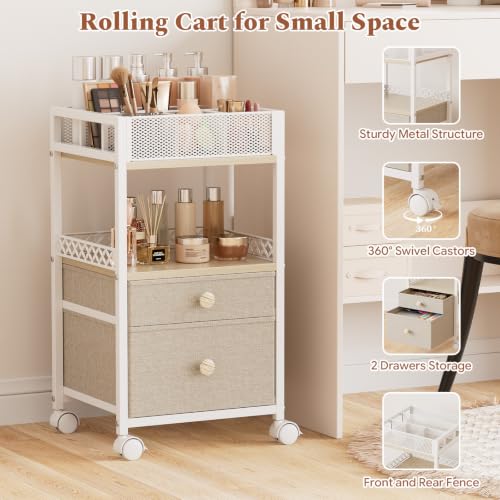 Plaviya White Makeup Organizer Cart for Under Desk Storage, 2 Shelves & Adjustable Dividers