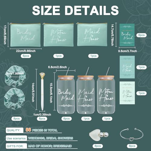 56pcs 8set Bridesmaid gifts bridesmaid proposal gifts, Maid of Honor Gifts contain 16oz Glass Cups Cosmetic Makeup Bags Invited Cards Scrunchies Hair Knotted Bracelets Diamond Pens love clip (Green)