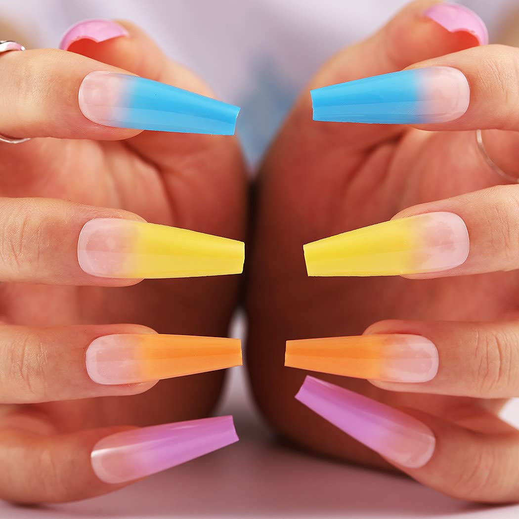 Blufly Colorful Long Press on Nails Glossy Coffin Fake Nails Designed Cute Ballerina Full Cover Acrylic False Nails Tips for Women and Girls 24Pcs (Colorful Ombre)