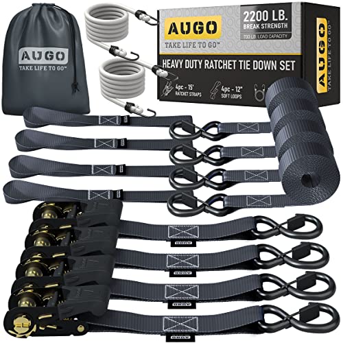 AUGO Ratchet Straps Heavy Duty 4 Pack -15 FT - 2200 LB Break Strength – Ratchet Tie Down Straps with Safety Lock S Hooks - Cargo Straps for Moving, Appliances, Motorcycle – Soft Loop Tie Down Straps