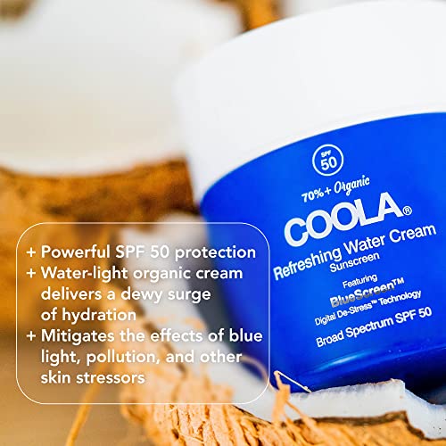 COOLA Organic Refreshing Water Cream Face Moisturizer with SPF 50, Dermatologist Tested Face Sunscreen with Plant-Derived BlueScreen Digital De-Stress Technology, 1.5 Fl Oz